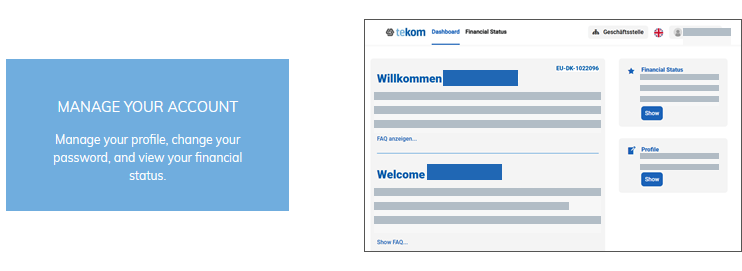 Screenshot showing the Manage Account tile and the tekom portal start screen